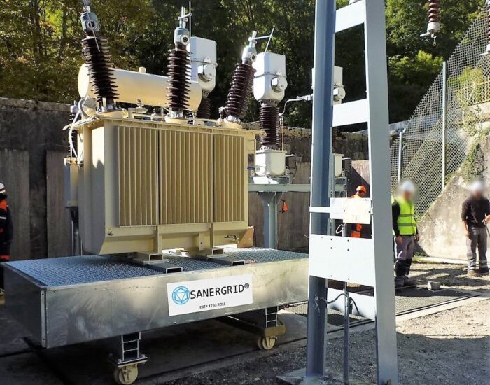 Bac de retention anti feu ERT avec systeme de roulage du transformateur sur le bac SANERGRID