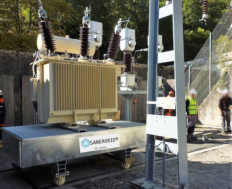Bac de retention anti feu ERT avec systeme de roulage du transformateur sur le bac SANERGRID